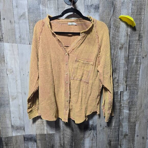 New In Boutique Oversized Washed Woven Crinkled Gauze Button Down Shirt Top - Picture 2 of 5